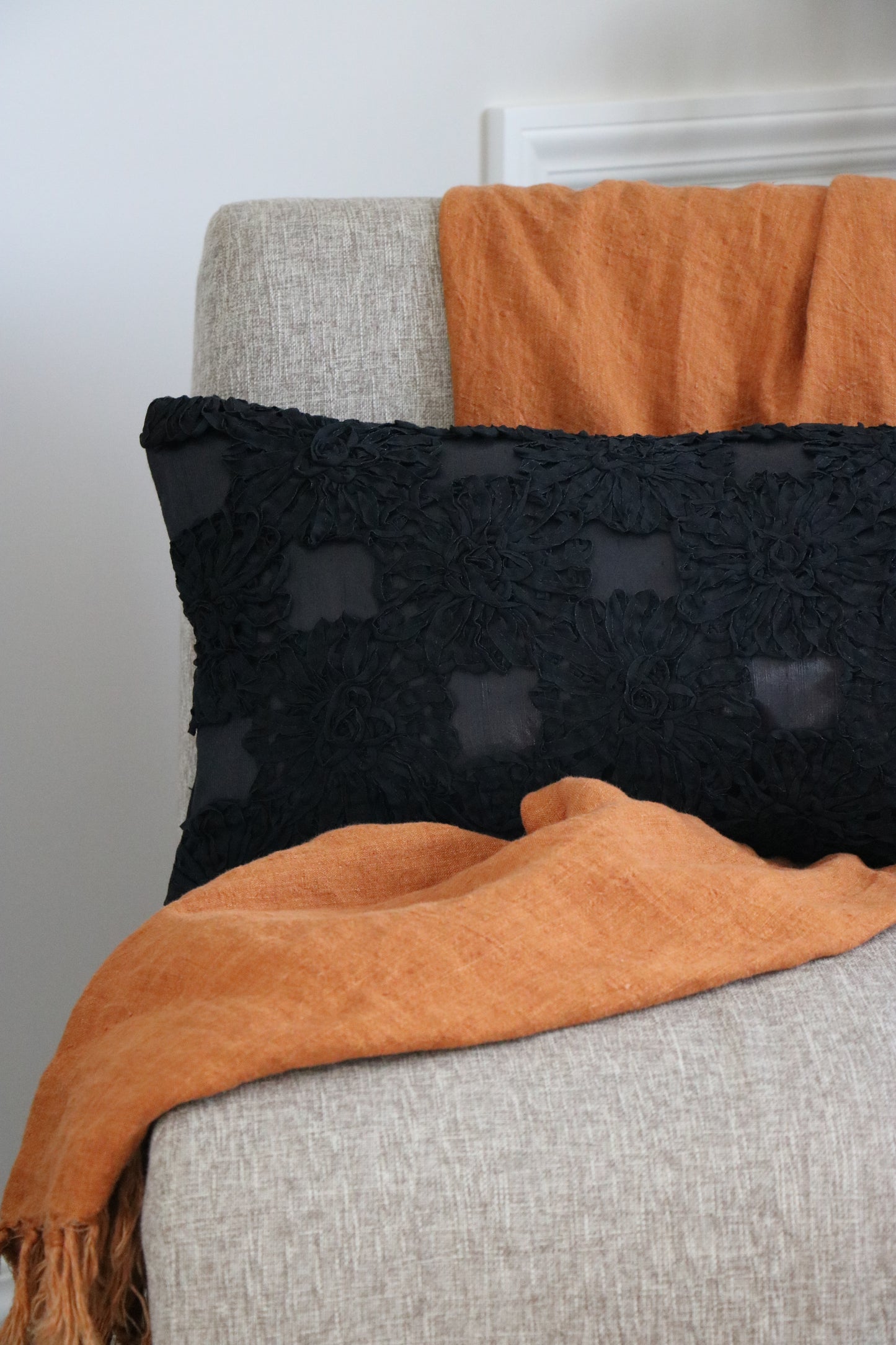 Black Lace overlay Breakfast Cushion 60 x 30cm