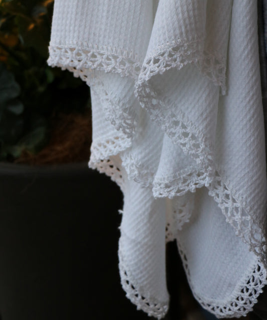 White Waffle Wrap with Hand Crochet Edge